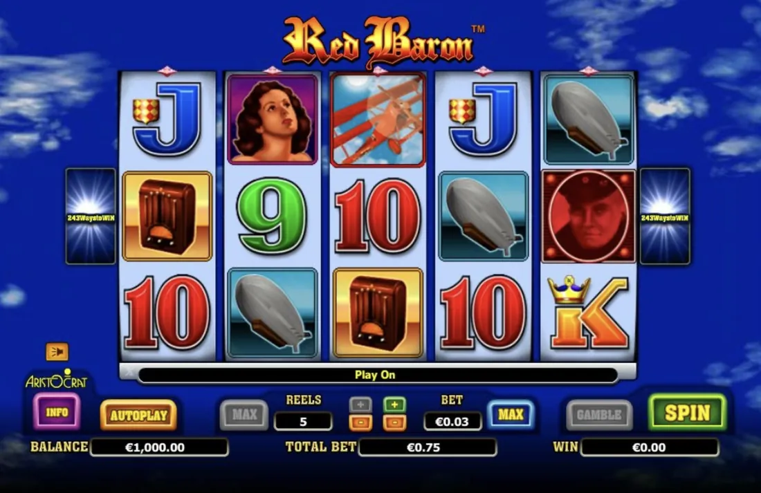Rulli del gioco base di Red Baron con pilota, biplano, cassa e carte alte
