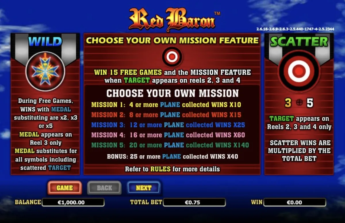 Regole di Red Baron con schermata delle missioni, simbolo Target, Wild e giri gratis